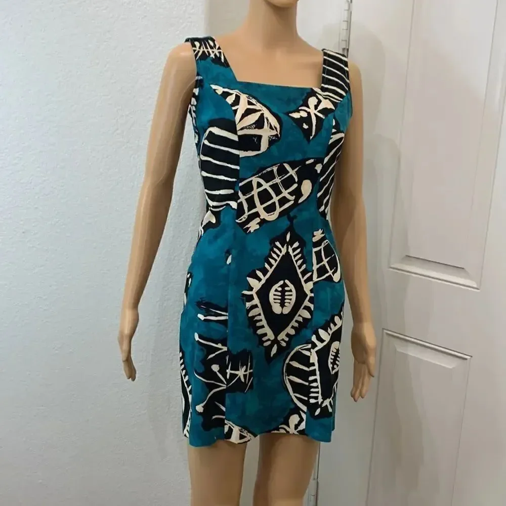 All That Jazz 5/6 Teal Black Fish Tropical Square Neck Sleeveless Mini Summer